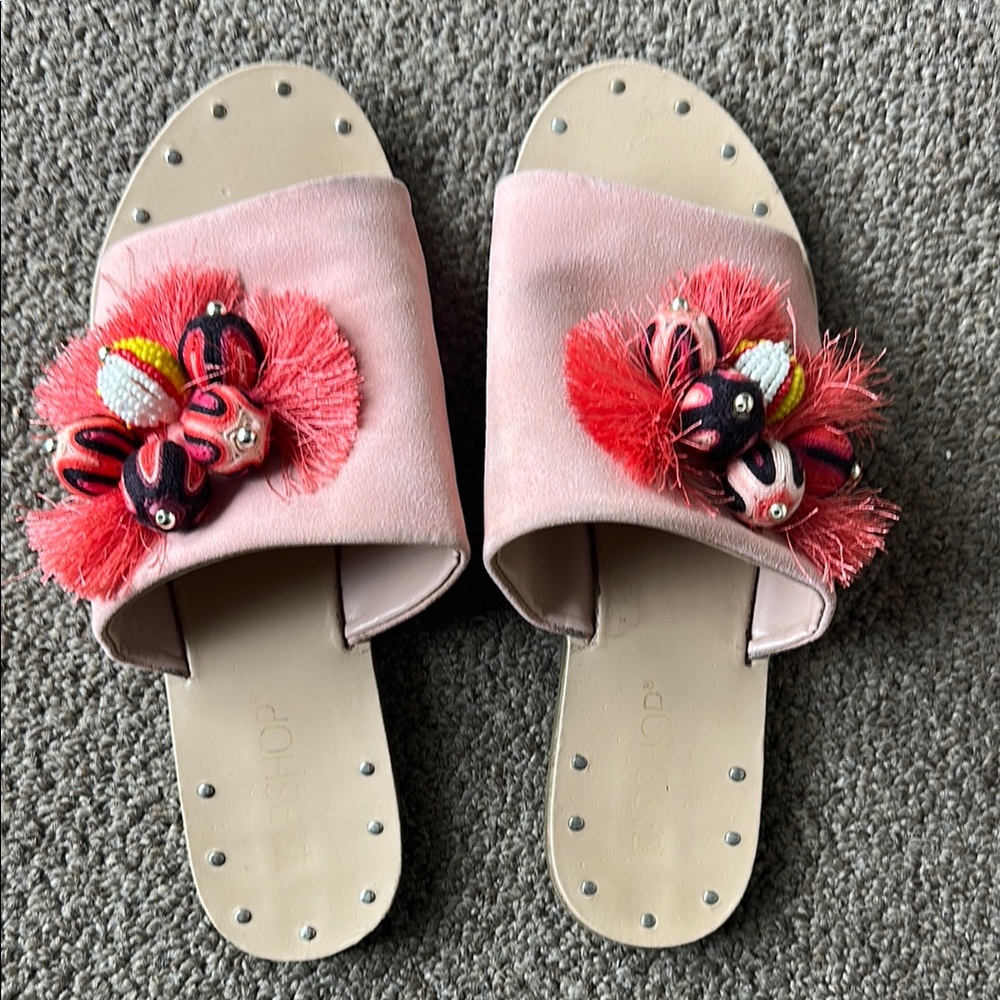 Red and Pink Floral Sandals with Metallic Studs